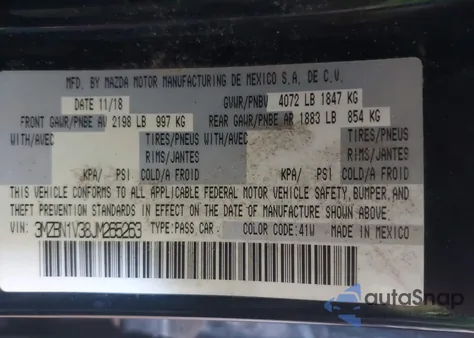 2018 Mazda Mazda3 Touring z USA, uszkodzony, nr VIN 3MZBN1V38JM265263